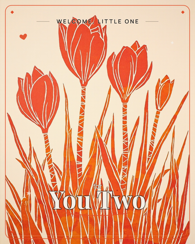 A cluster of five tulips in fiery orange and red rises from bold, spiky leaves against a warm cream background, a new baby e-card design