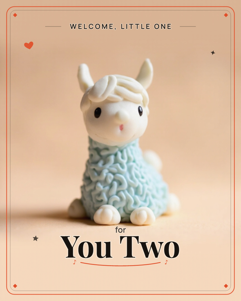 A small clay figurine of a llama sits alone against a warm, softly blurred beige background, a new baby e-card design