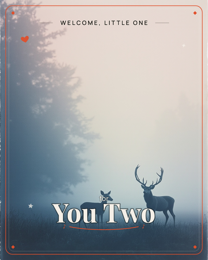 A stag and a doe stand together in an open field wrapped in heavy morning fog, with the silhouette of a tall tree looming on the left, a new baby e-card design
