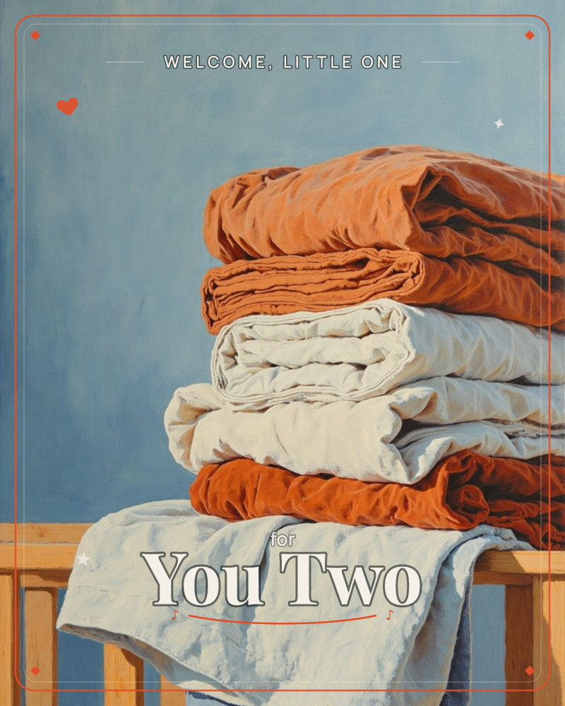 A stack of folded linens sits on a wooden shelf against a soft blue wall, warm rust-orange throws layered around a middle of pale cream sheets, a new baby e-card design