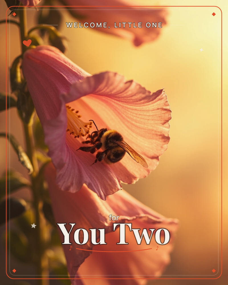 A close-up photograph of a fuzzy bumblebee nestled deep inside a trumpet-shaped pink foxglove blossom, its speckled throat catching the golden evening…, a new baby e-card design