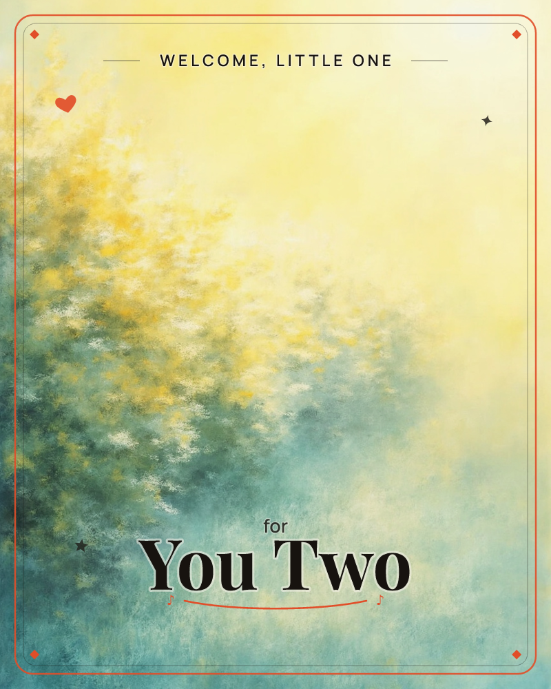 A soft, hazy landscape of blossoming trees rendered in dappled strokes of gold and teal, as if seen through morning light or a gentle mist, a new baby e-card design