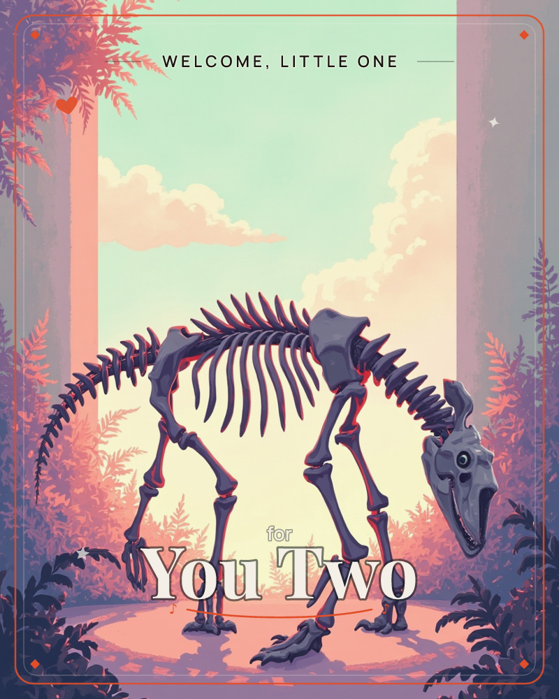 A four-legged animal skeleton stands centre stage between two tall pillar-like shapes, framed by silhouetted fern fronds in deep purple, a new baby e-card design