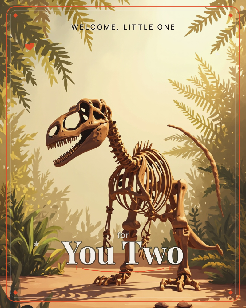 A dinosaur skeleton stands mid-stride on a dusty path, its bony jaw open and tail arched, framed by fern leaves and jungle foliage under a warm golden…, a new baby e-card design