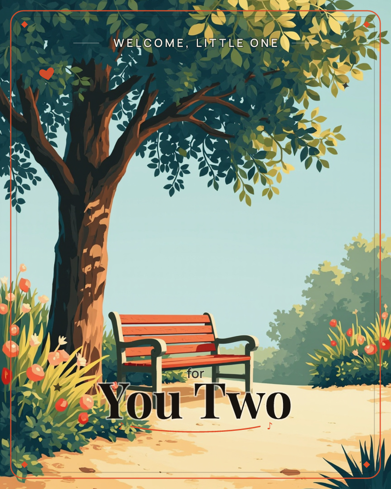 An empty red-slatted bench sits beneath a broad, leafy tree on a sandy garden path, with pink and coral flowers blooming along the borders, a new baby e-card design