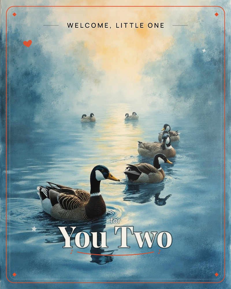 A group of Canada geese glide across still water at dawn, their reflections rippling beneath them as pale golden light breaks through a haze of…, a new baby e-card design