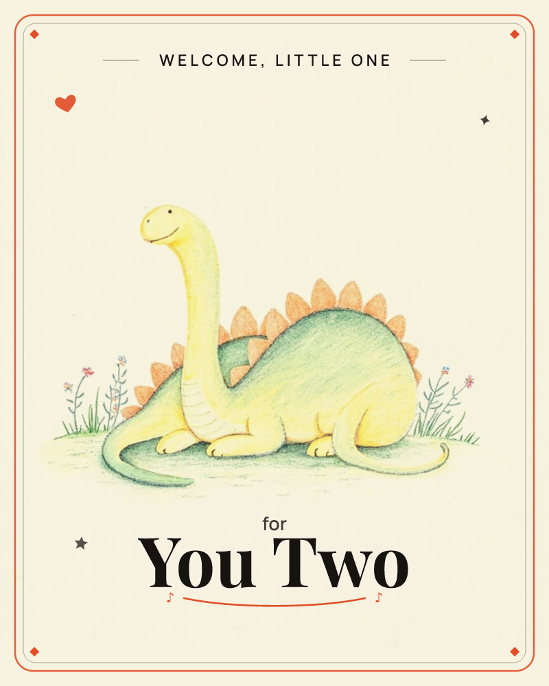 A gentle green and yellow dinosaur with a row of orange back plates sits smiling in a small patch of grass dotted with pink wildflowers, a new baby e-card design