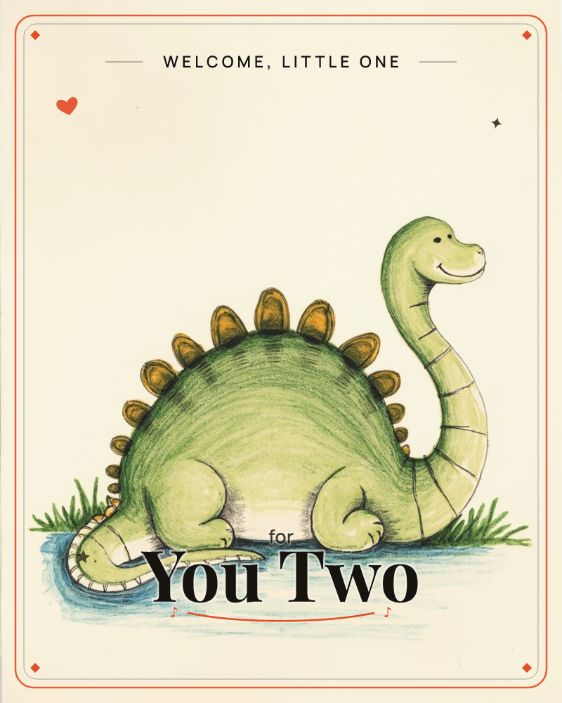 A round, smiling green dinosaur with golden spiked plates sits contentedly by a shallow pool, its long curved neck raised and tail trailing into the water, a new baby e-card design