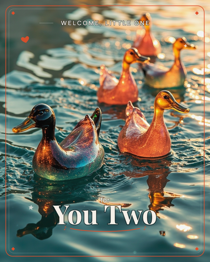 A small flock of glossy, glass-like ducks glides across rippling water at golden hour, their bodies catching amber and rose light like blown glass…, a new baby e-card design