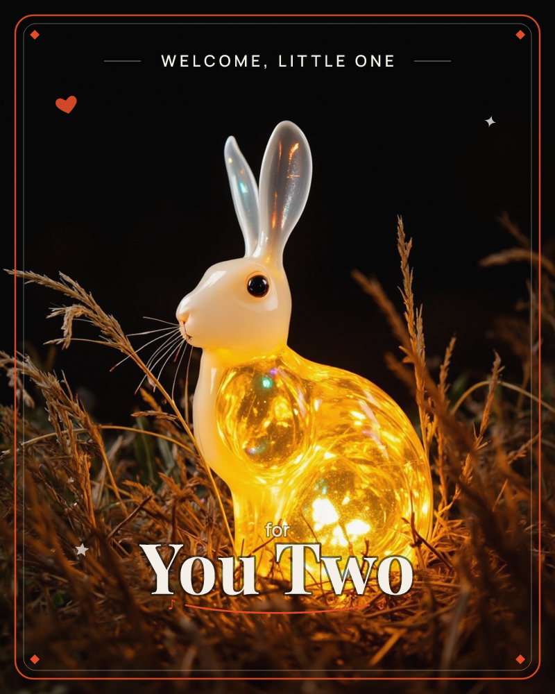 A glass rabbit figurine glows amber from a string of tiny lights hidden inside its body, sitting among dry golden grass against near-black darkness, a new baby e-card design