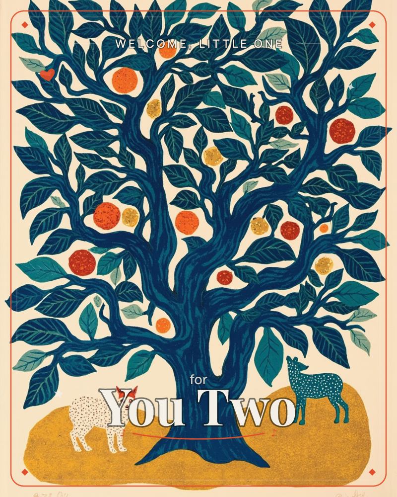 A stylised orange tree with deep navy branches and teal leaves spreads across a warm cream background, hung with round citrus fruits in orange, gold…, a new baby e-card design