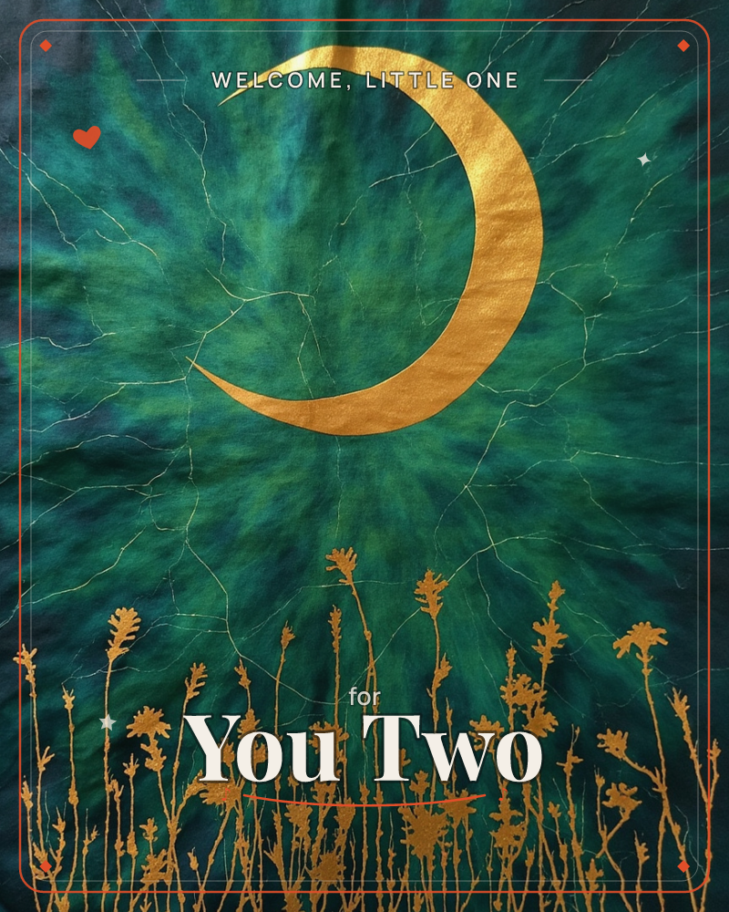 A large golden crescent moon glows against a deep teal sky that radiates outward in cracked, sunburst-like streaks, as if painted on silk, a new baby e-card design
