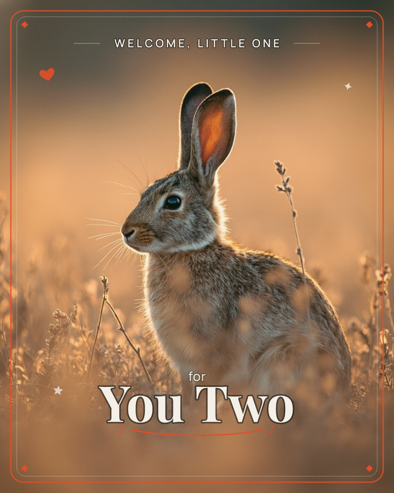 A wild rabbit sits alert among dry, golden grasses, its ears glowing translucent orange as low evening sunlight passes through them, a new baby e-card design