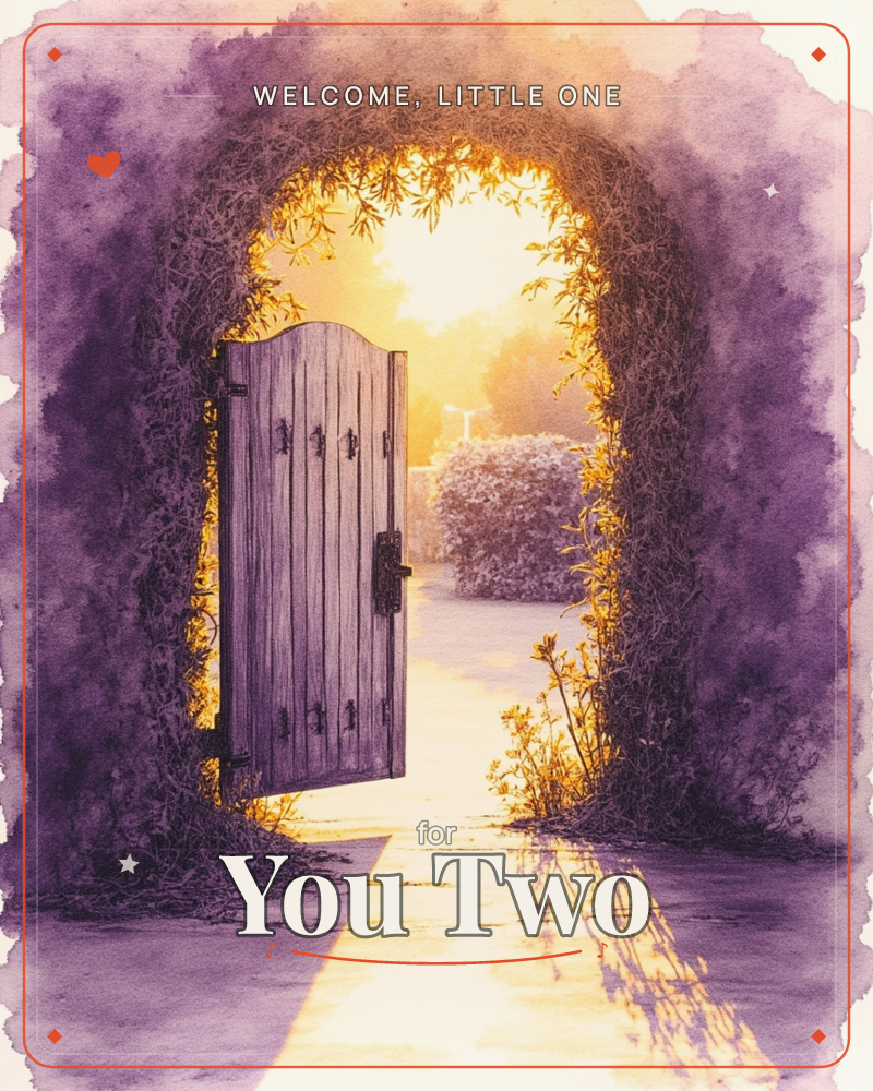 A wooden garden gate stands open beneath a vine-covered stone archway, golden light pouring through onto a stone path beyond, a new baby e-card design