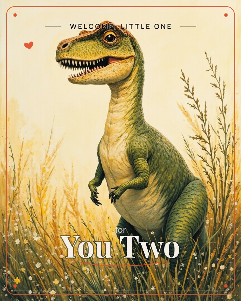 A green-scaled dinosaur with a pale cream belly stands alert among tall golden grasses dotted with small white flowers, its mouth open in a toothy grin, a new baby e-card design
