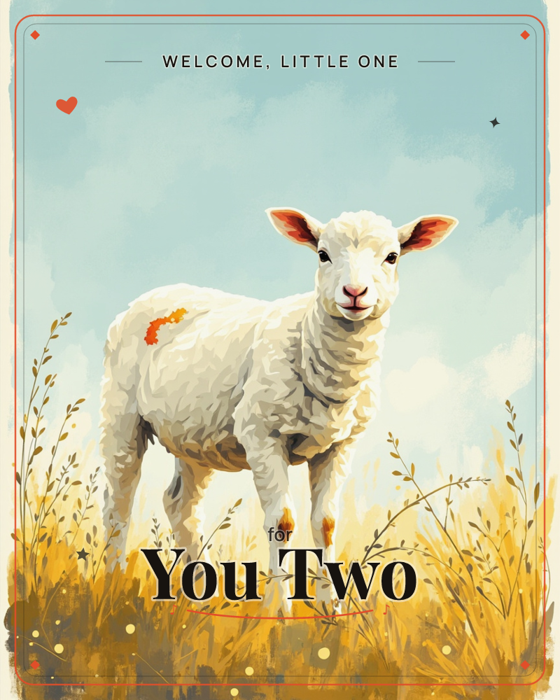 A woolly sheep with a small orange marking on its back stands in tall golden grass, gazing directly out at the viewer under a soft pale sky, a new baby e-card design