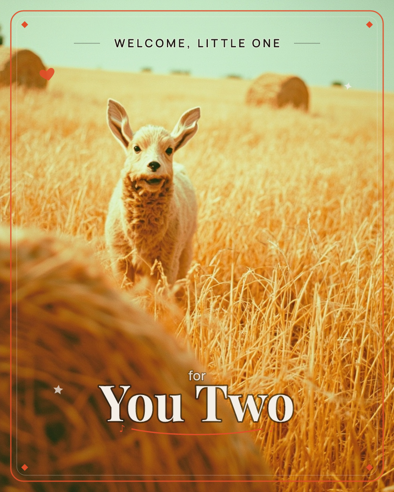 A young lamb trots through a golden field of harvested stubble, its ears perked and mouth open as if calling out, a new baby e-card design