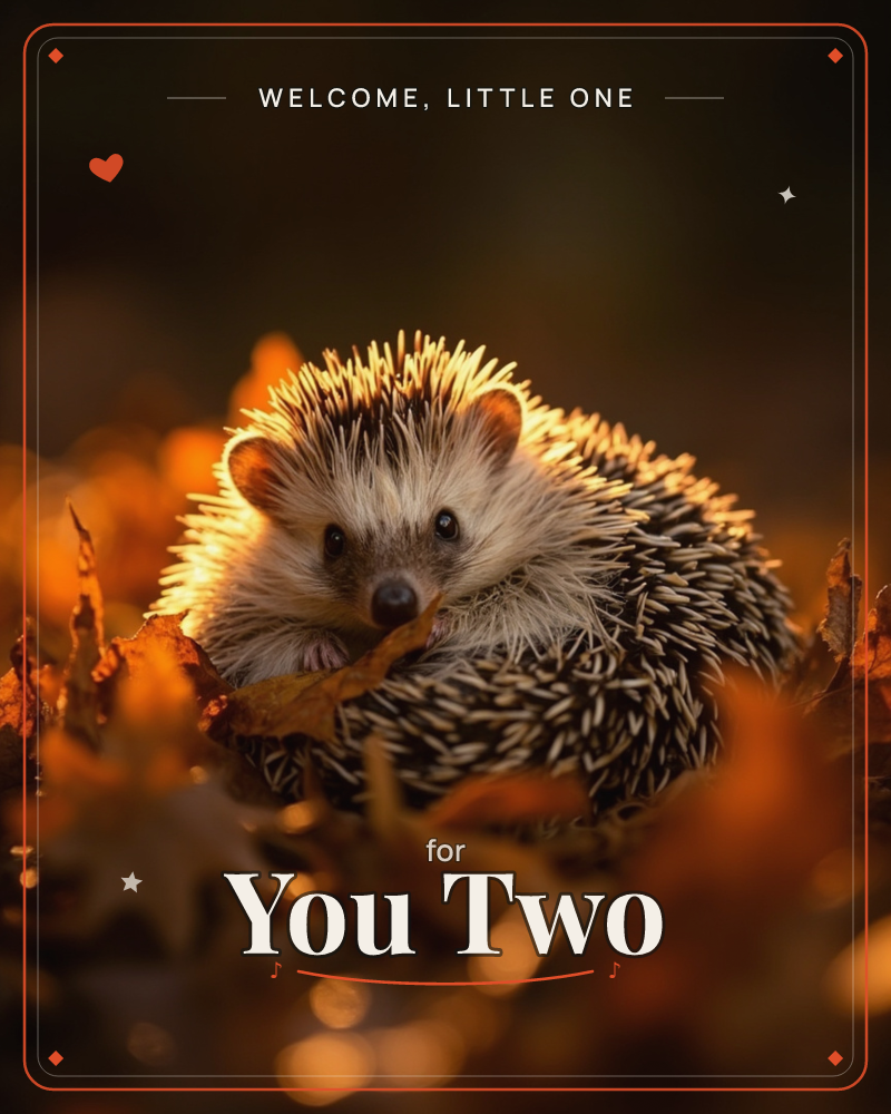 A small hedgehog sits nestled among crisp autumn leaves, its spines rim-lit by warm golden light against a deep, dark background, a new baby e-card design