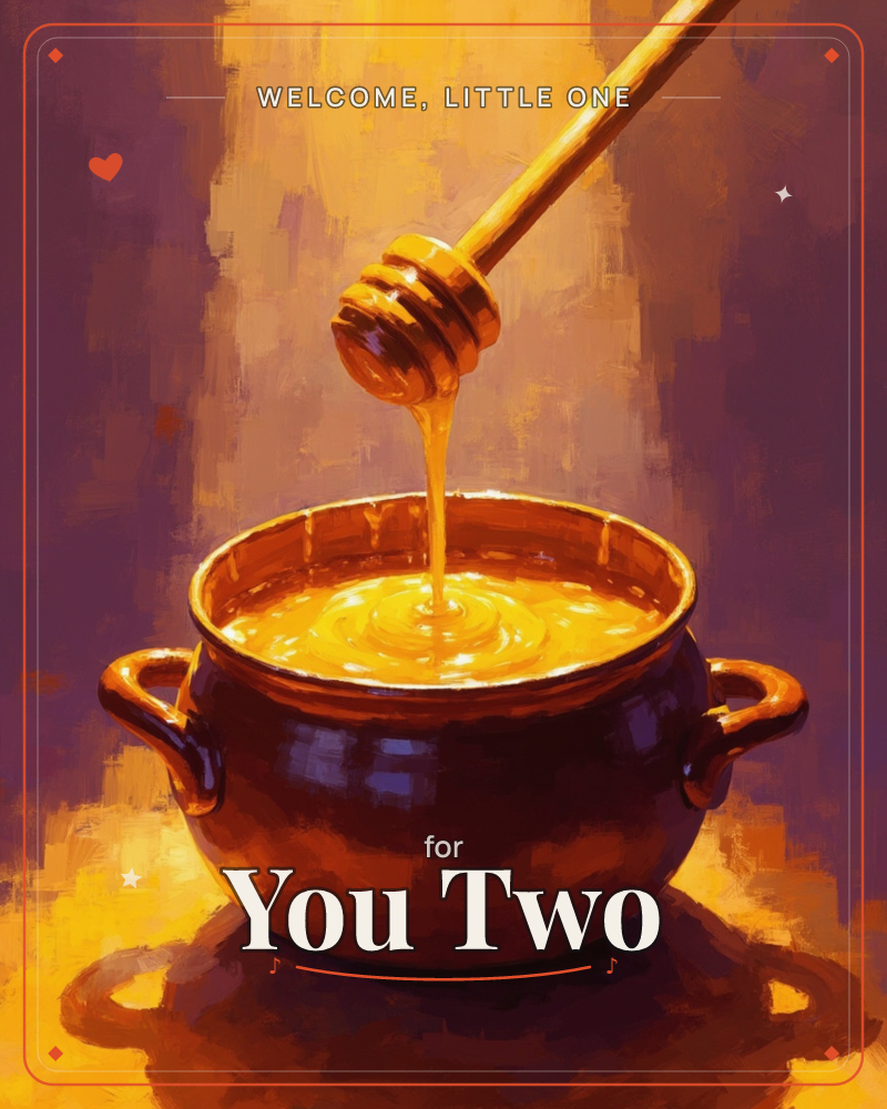 A wooden honey dipper drips a slow golden thread into a round two-handled pot brimming with amber honey, all lit against streaks of purple and…, a new baby e-card design