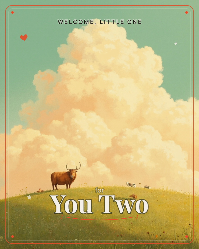 A horned brown cow stands alone atop a grassy hill, small birds pecking nearby in the wildflowers, while a towering, sunlit cumulus cloud fills most of…, a new baby e-card design