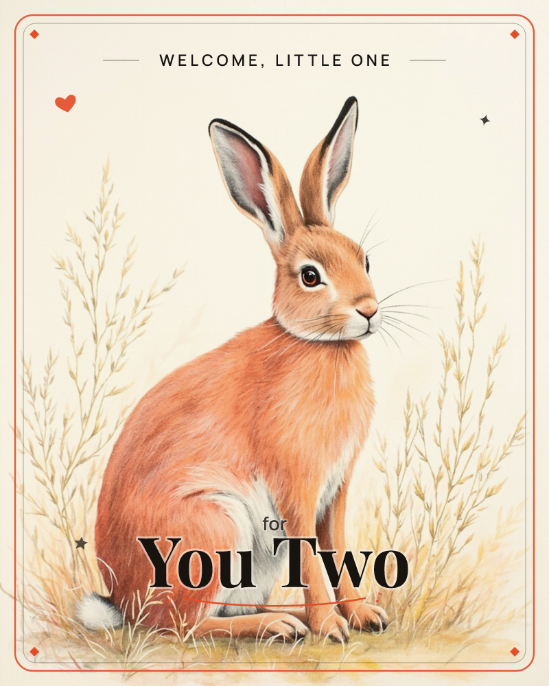 A hare sits upright among sparse, dried grasses on a plain cream background, its tall black-tipped ears alert and whiskers finely detailed, a new baby e-card design