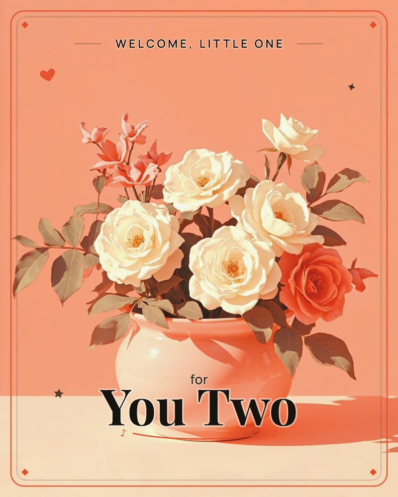 A rounded peach-pink vase sits on a pale tabletop against a warm coral backdrop, holding a bouquet of creamy white roses, one deep coral rose, and a…, a new baby e-card design