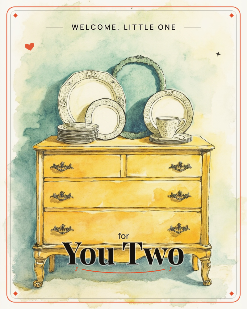 A golden-yellow antique dresser with ornate brass drawer pulls and curved feet stands against a soft teal watercolour wash, a new baby e-card design