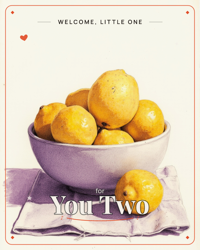 A pale lilac bowl is piled high with plump yellow lemons, one more resting beside it on a folded lavender cloth, a new baby e-card design