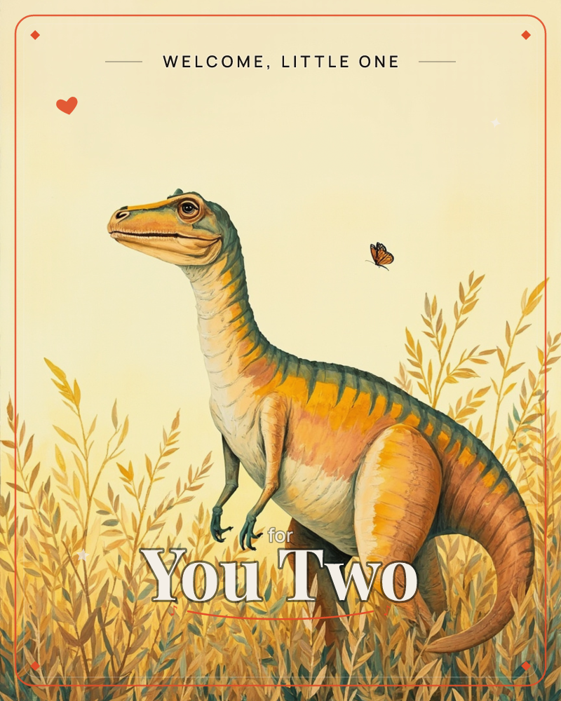 A small dinosaur with striped green and gold-orange skin stands upright among tall golden grasses, watching an orange butterfly flutter nearby, a new baby e-card design