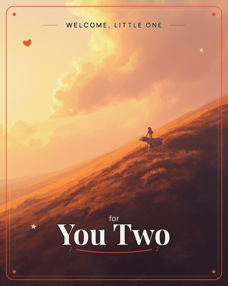 A sweeping hillside glows amber under a vast, cloud-filled sunset sky, with a small figure and a horned animal standing together near the ridge line, a new baby e-card design