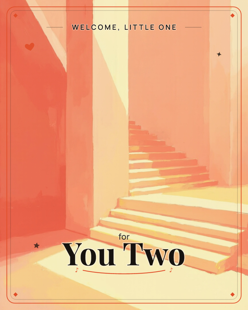 A sunlit stone staircase curves upward between coral-toned walls, bathed in warm, hazy light, a new baby e-card design