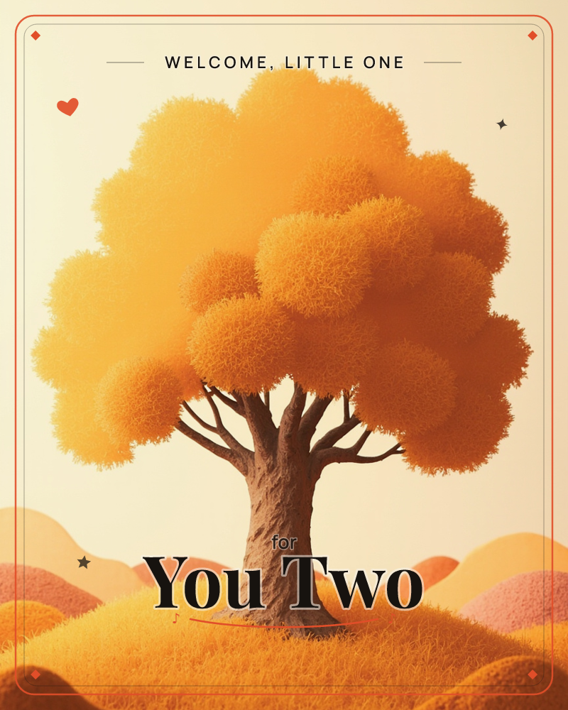 A single tree with a fluffy, cloud-like canopy of golden-orange leaves stands atop a grassy knoll, its textured trunk splitting into thick branches, a new baby e-card design