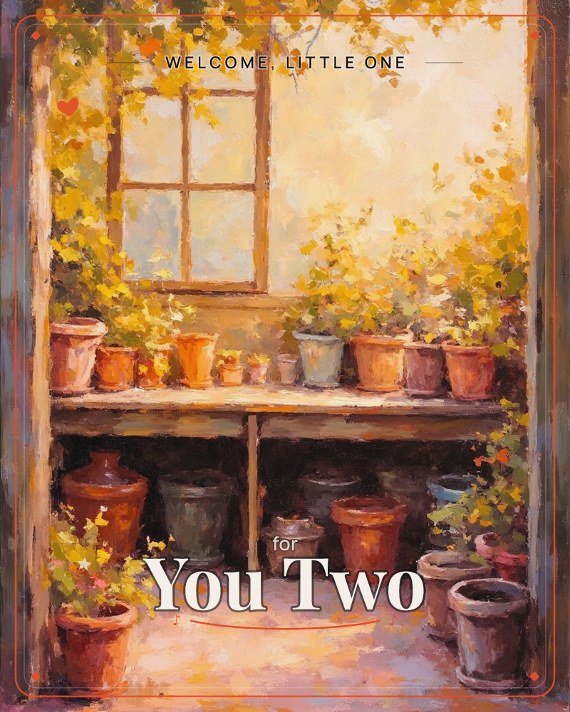 An oil-painted view through a doorway into a sunlit potting shed, where rows of terracotta and glazed pots line a wooden bench beneath a paned window, a new baby e-card design
