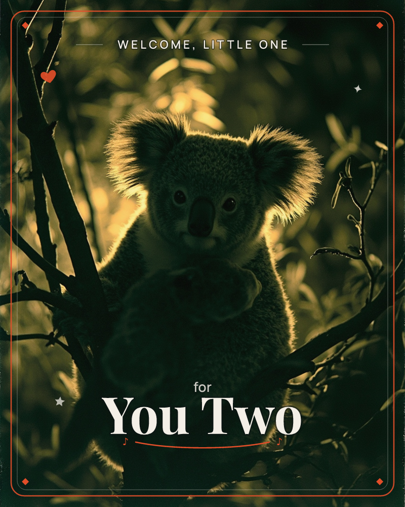 A koala sits nestled among eucalyptus branches, backlit by warm golden light that rims its fuzzy ears and fur against a dim, leafy background, a new baby e-card design