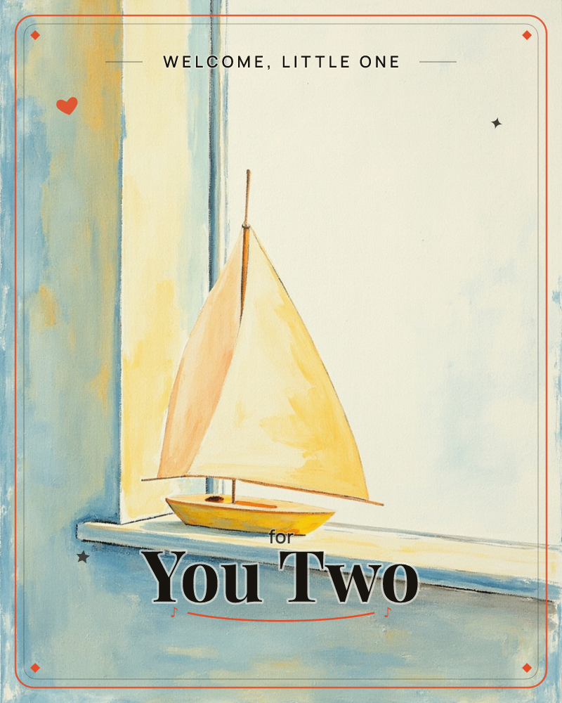 A small toy sailboat with a golden sail sits on a weathered blue windowsill, backlit by soft daylight streaming through the glass, a new baby e-card design