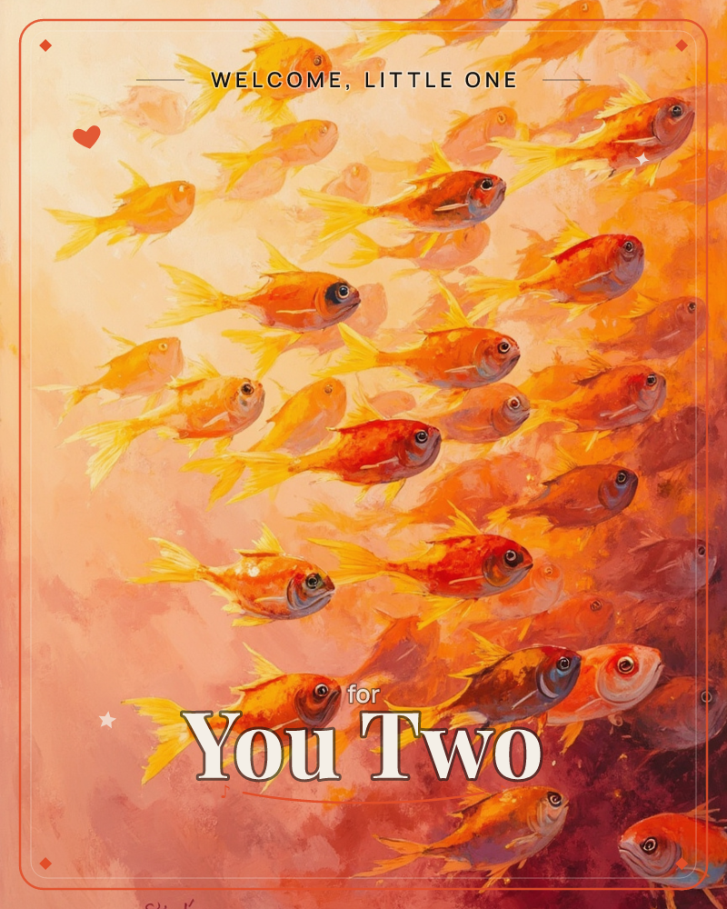 A shimmering school of goldfish swims in tight formation across a glowing field of orange, coral, and deep red, a new baby e-card design