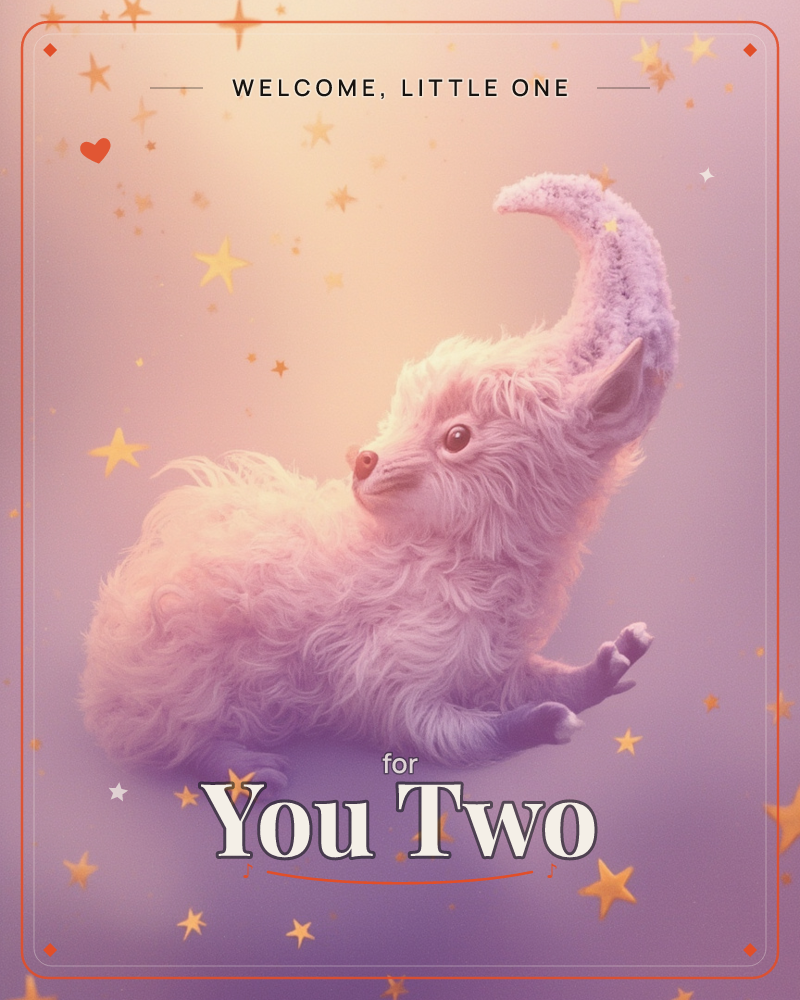 A fluffy, pale lilac creature with a single large curling horn lies curled up against a dreamy lavender-to-peach gradient sky, small gold stars…, a new baby e-card design