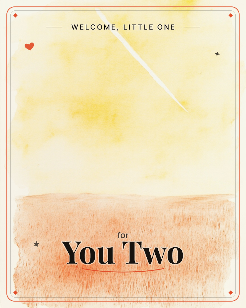 A soft watercolour wash divides the page into a hazy yellow sky and a warm terracotta field, with a single white streak cutting diagonally across the…, a new baby e-card design