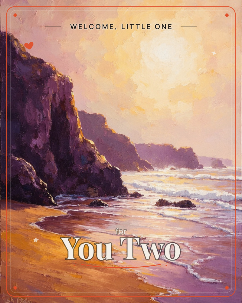 A dramatic coastal cliff rises on the left, its rocky face glowing purple and gold as a hazy sun burns through the sky above the sea, a new baby e-card design