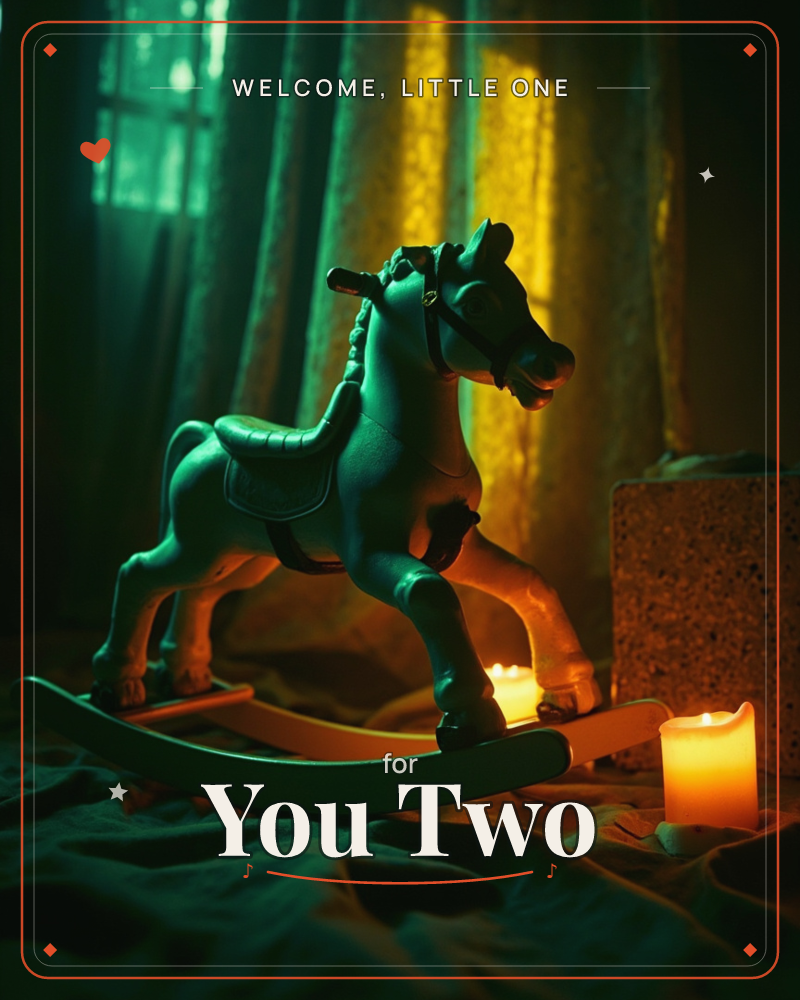 A wooden rocking horse stands in a dim room, its curved rockers catching a moody green light spilling from a window behind sheer curtains, a new baby e-card design