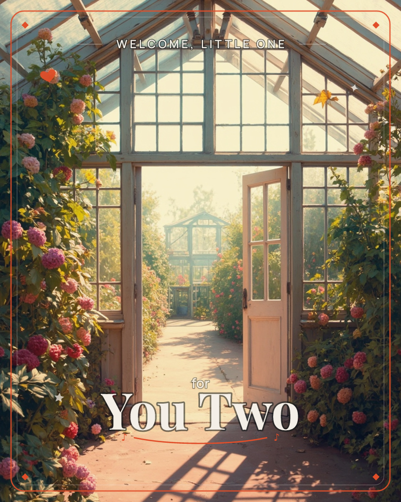 A sunlit glass greenhouse glows with hazy warm light, its open white door framed by climbing hydrangeas in pink, coral and cream, a new baby e-card design