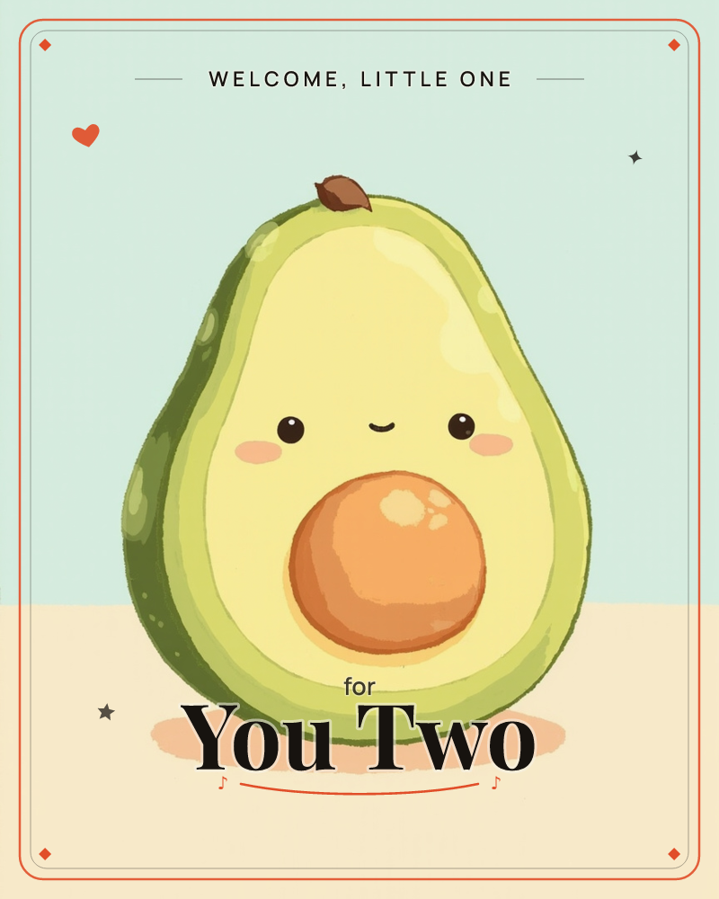 A single halved avocado sits centre-stage on a warm peach tabletop against a soft mint-green background, its stone perched at the top like a little hat, a new baby e-card design