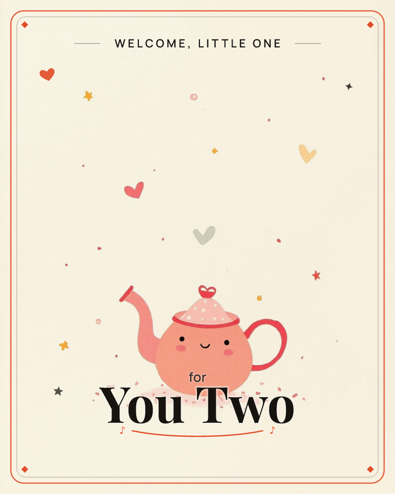 A cheerful little teapot with a heart-shaped lid knob sits smiling under a soft glowing spotlight, surrounded by floating hearts and tiny stars, a new baby e-card design