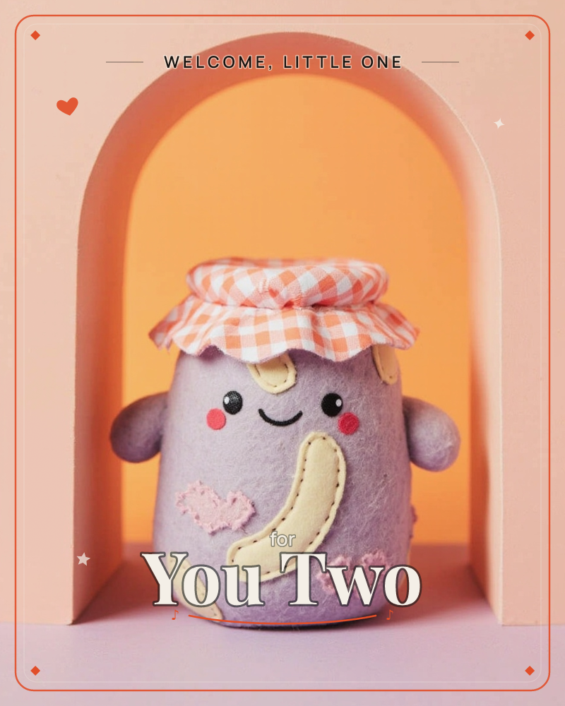 A plush jam-jar character with a soft mauve felt body and a gingham fabric lid sits inside a glowing orange archway, a new baby e-card design