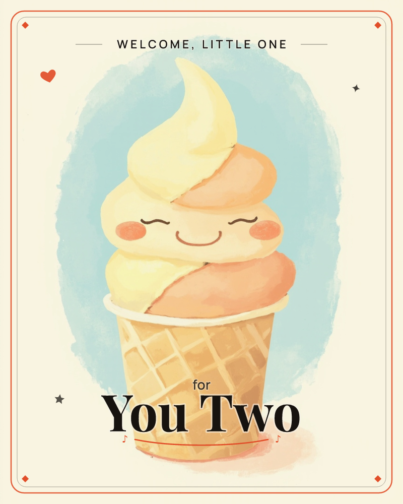 A swirled soft-serve ice cream cone, half vanilla and half orange sherbet, sits against a pale sky-blue backdrop with a rounded, cloud-like texture, a new baby e-card design