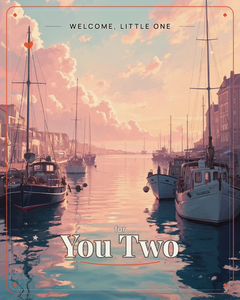 A quiet harbour glows under a sunset sky of pink and gold clouds, sailboats and fishing boats moored along both sides of a narrow canal, a new baby e-card design