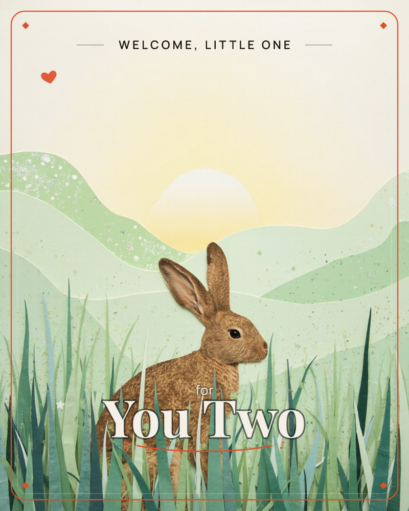 A brown hare sits upright among tall grass blades, ears alert, watching a pale sun rise over layered green hills speckled with light, a new baby e-card design