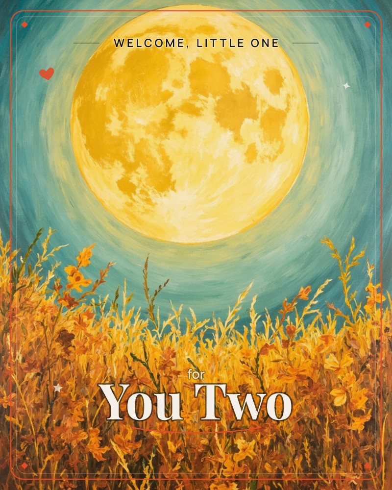 A huge golden moon glows against a swirling teal-blue sky, its cratered surface rendered in thick, buttery brushstrokes, a new baby e-card design