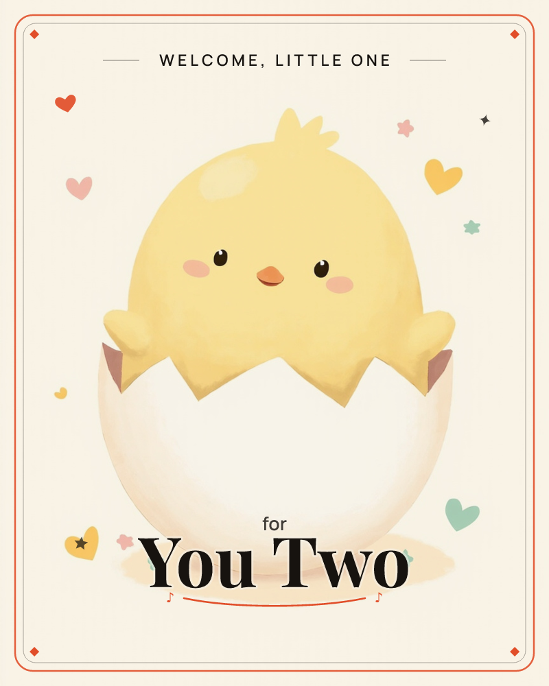 A round-cheeked yellow chick pokes out of a cracked white eggshell against a soft cream background, a new baby e-card design