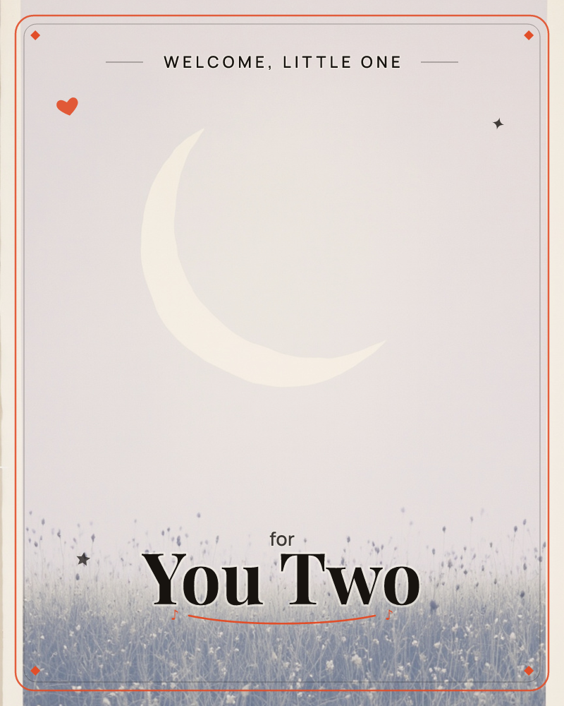 A pale crescent moon glows large against a hazy, vignette-darkened sky, hovering over a shadowy field dotted with faint silhouettes, a new baby e-card design